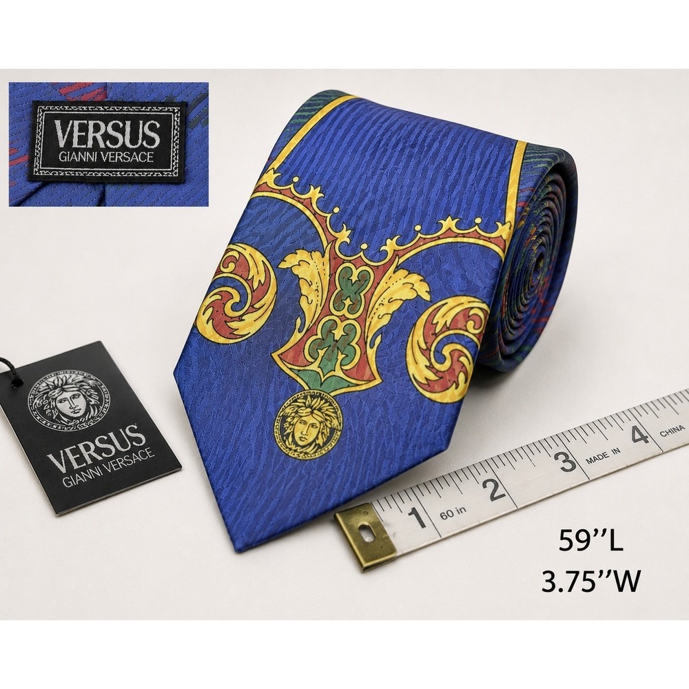Vintage Versus Versace Silk Tie Medusa  Baroque Plaid Italy Designer 59"L 3.75"W